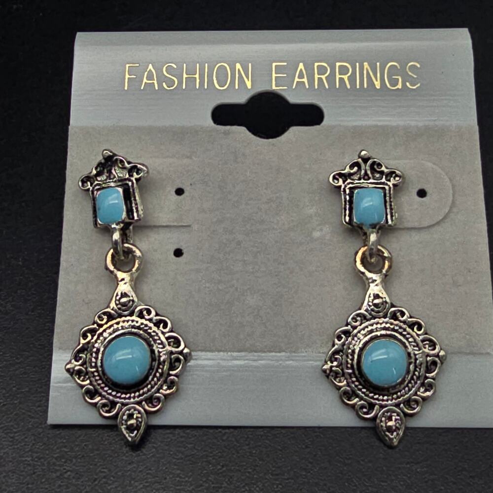Faux Turquoise Scroll Work Earrings Silver Tone NOS 1990 On Card